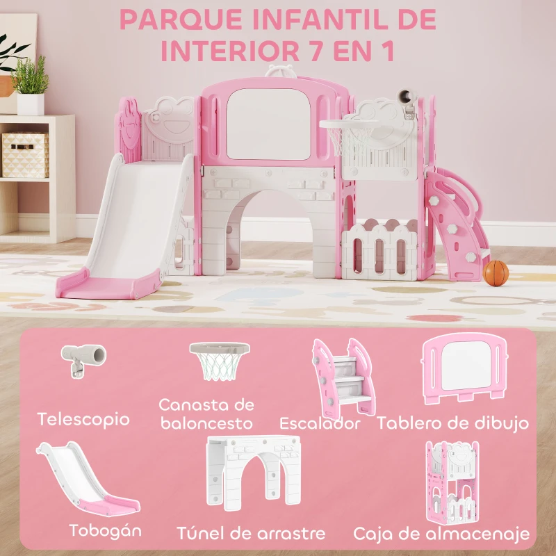 AIYAPLAY Tobogán Infantil 7 en 1 Temática de Rana con Aro de Baloncesto Túnel Pizarra Telescopio Escalador y Cajas Rosa