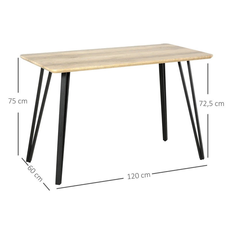 HOMCOM Mesa de jantar design industrial grande tampo dim. 120L x 60l x 75H cm pés metálicos pretos tipo hairpin MDF aparência carvalho claro