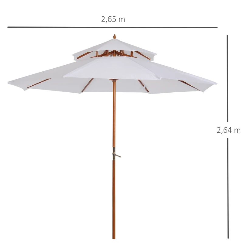 Outsunny Guarda-sol reto Guarda-sol de jardim redondo em Madeira 2 Cobertura Poliéster 180 g/m² dia. 2,7 x 2,6H m branco