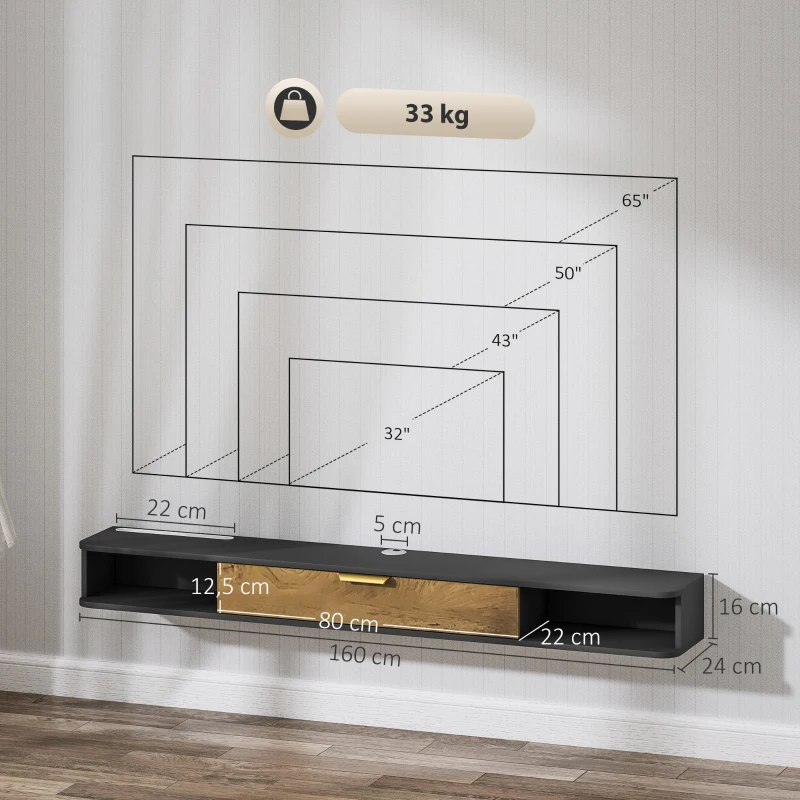 HOMCOM Móvel TV suspenso com compartimentos abertos, porta basculante e passagens para cabos, 160 x 24 x 16 cm, cinzento