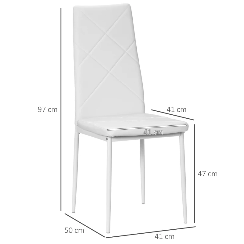 HOMCOM Set de 4 Sillas de Comedor Tapizadas de Piel Sintética con Respaldo Alto y Patas de Acero 41x50x97 cm Blanco