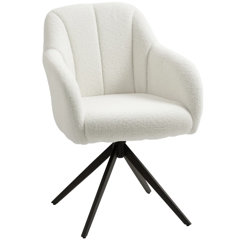 HOMCOM Poltrona giratória capitonê grande conforto base em aço e tecido efeito pelúcia teddy branco