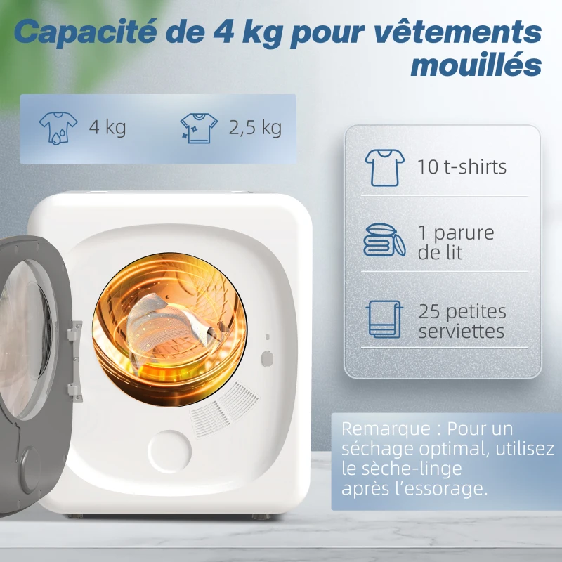 HOMCOM Sèche-linge à évacuation portable 4 Kg, sèche-linge 800 W compact, 5 modes de séchage, minuterie, blanc