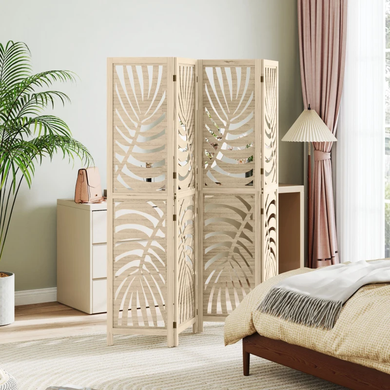 HOMCOM Paravent interieur en bois 4 panneaux 160 x 170 cm, pliable et portable, motif de feuille, design amovible, bois naturel