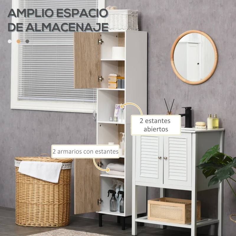 kleankin Columna de Baño con 6 Compartimentos para Ducha Aseo Dormitorio Estilo Moderno 31,5x30x169 cm Blanco y Roble