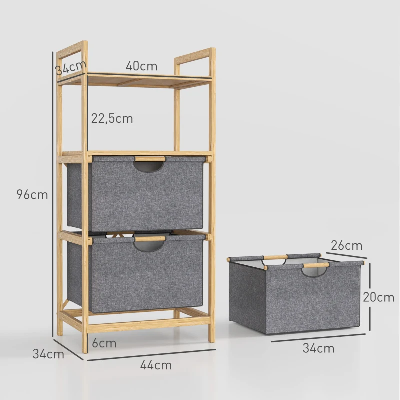 HOMCOM Cesto de roupa em bambu cesto de roupa suja com 2 sacos em tecido deslizantes e prateleiras abertas, natural