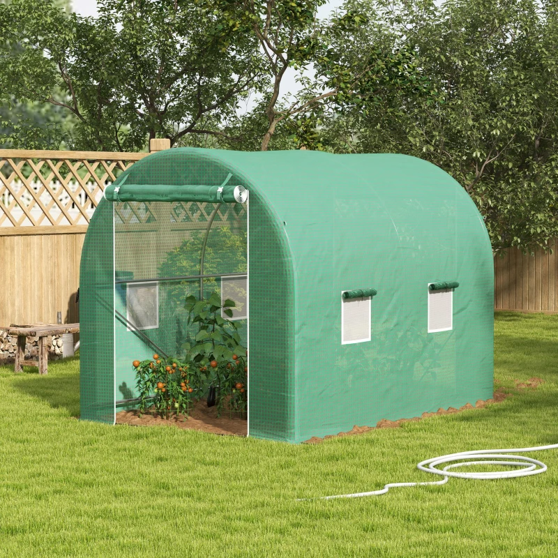 Outsunny Estufa de Jardim Túnel Área ao Solo 6 m² estrutura Tubular Reforçada Porta com Zíper 4 Janelas Enroláveis Verde