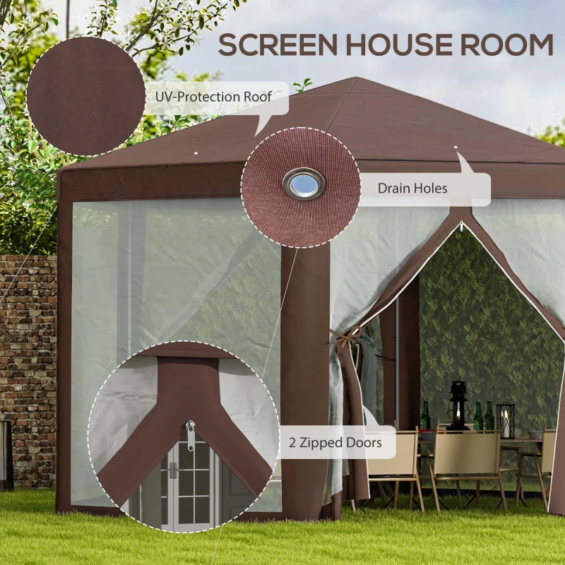 Outsunny Hexagonal Garden Gazebo - Patio Party Outdoor Canopy Tent Sun Shelter with Mosquito Netting and Zipped Door, Brown