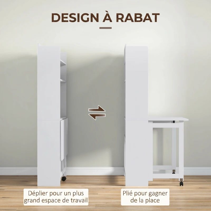 HOMCOM Bureau informatique avec étagères de rangement plateau rabattable 2 roulettes pour chambre salon 80 x 69 x 155 cm blanc
