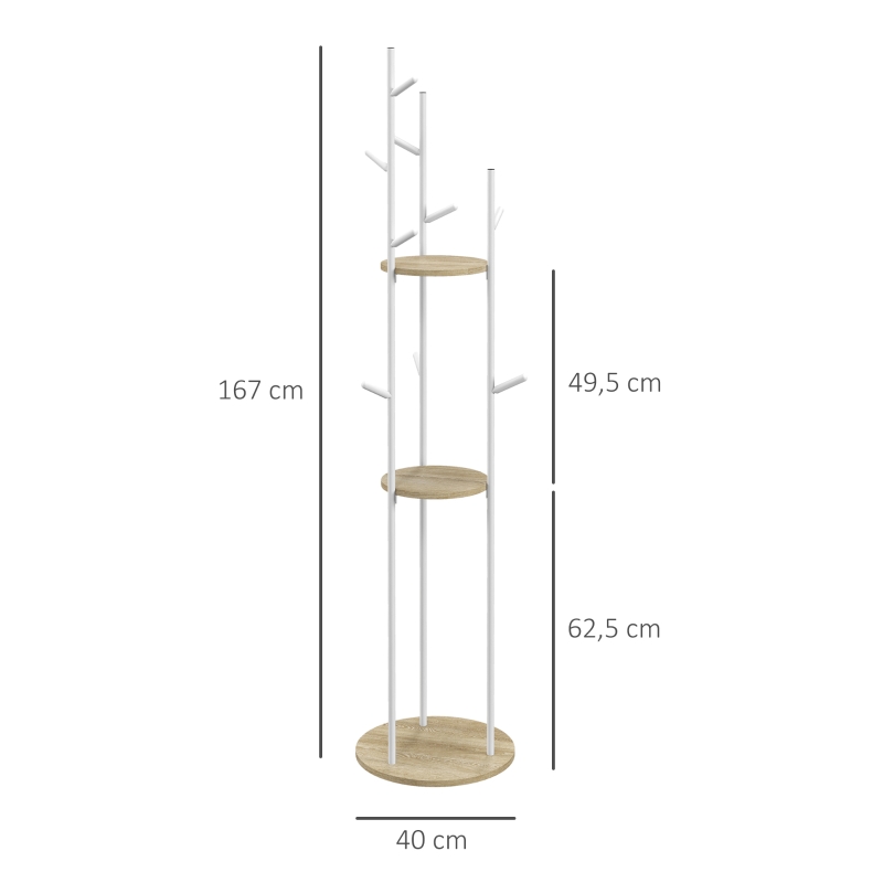 HOMCOM Cabideiro de pé móvel de entrada em aço com 9 ganchos e 2 prateleiras redondas Ø 40 x 167 cm natural e branco