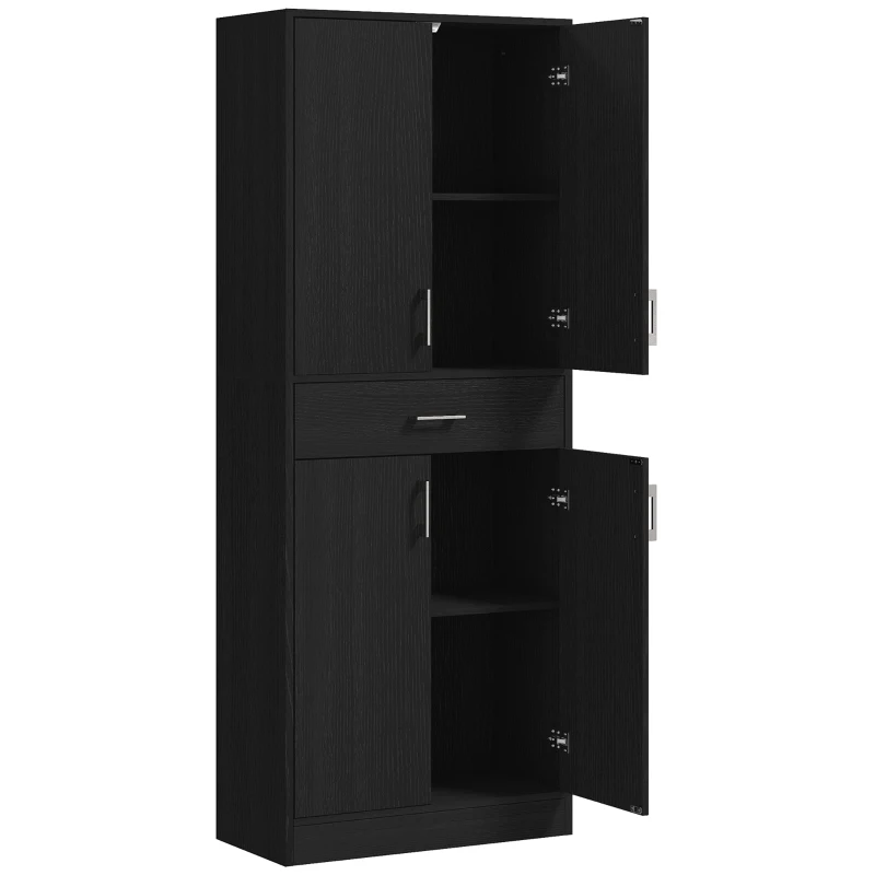 HOMCOM Buffet alto armário de cozinha 4 portas 2 armários e 1 gaveta central altura 180 cm com 2 prateleiras reguláveis preto