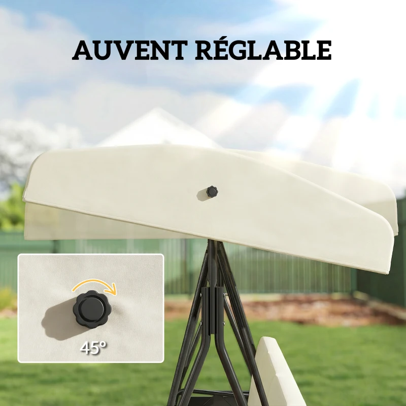 Outsunny Balancelle de jardin 3 places grand confort inclinaison toit réglable, 2 tablettes latérales, coussins, acier polyester