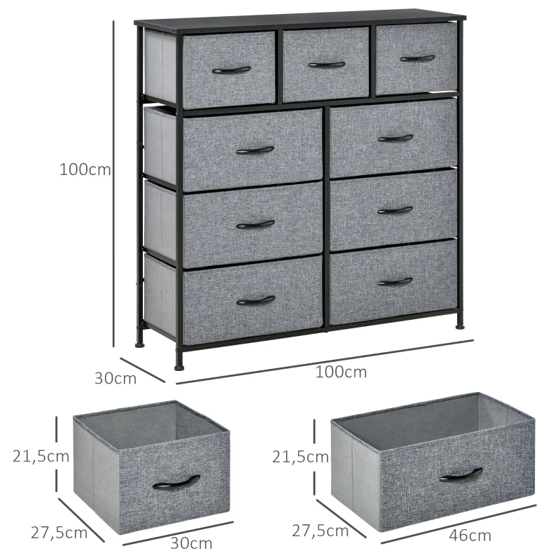 HOMCOM Cômoda 9 gavetas móvel de arrumação gaveta em tecido dobrável - estrutura em aço preto - 100 x 30 x 100 cm, preto e cinza