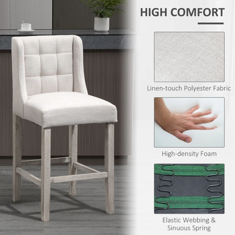 HOMCOM Set of 2 Bar Stools with Button Tufting, Solid Wood, incl. Footrest, 47 cm x 50 cm x 101 cm, Gray + Natural