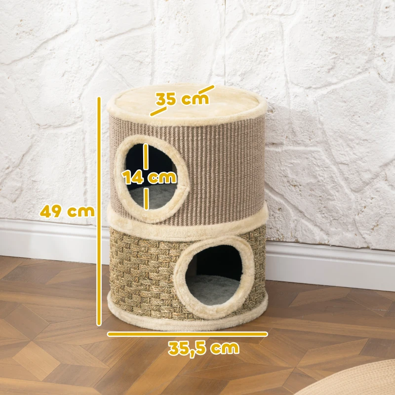 PawHut Tonneau à gratter pour chat arbre à chat sisal naturel et herbiers marins recouvert de peluche 35,5x35,5x49cm kaki café