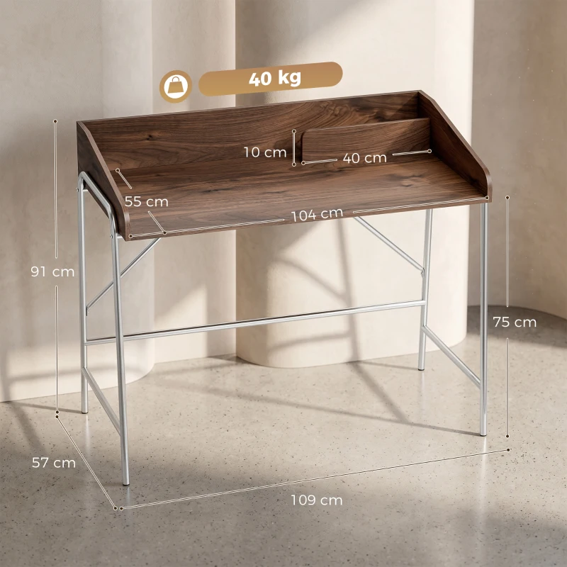HOMCOM Escritorio Escritorio para Ordenador 109 cm con Borde de Seguridad y Estructura de Metal Nogal