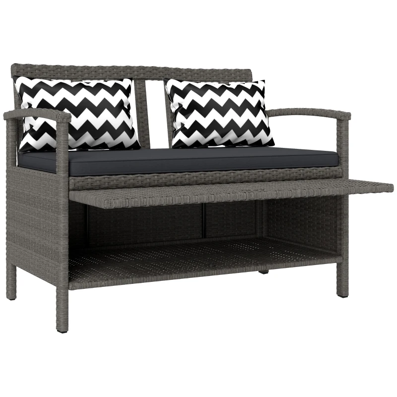 Outsunny Banco exterior de jardim 2 lugares banco de arrumação 160L em rotim PE com almofada 2 almofadas 112 x 62 x 82 cm cinza