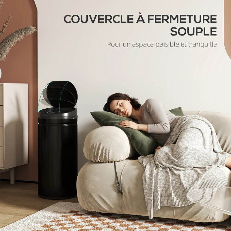 HOMCOM Poubelle cuisine automatique 42L acier inoxydable, poubelle à couvercle à fermeture en douceur, 30,5x30,5x68cm, noir