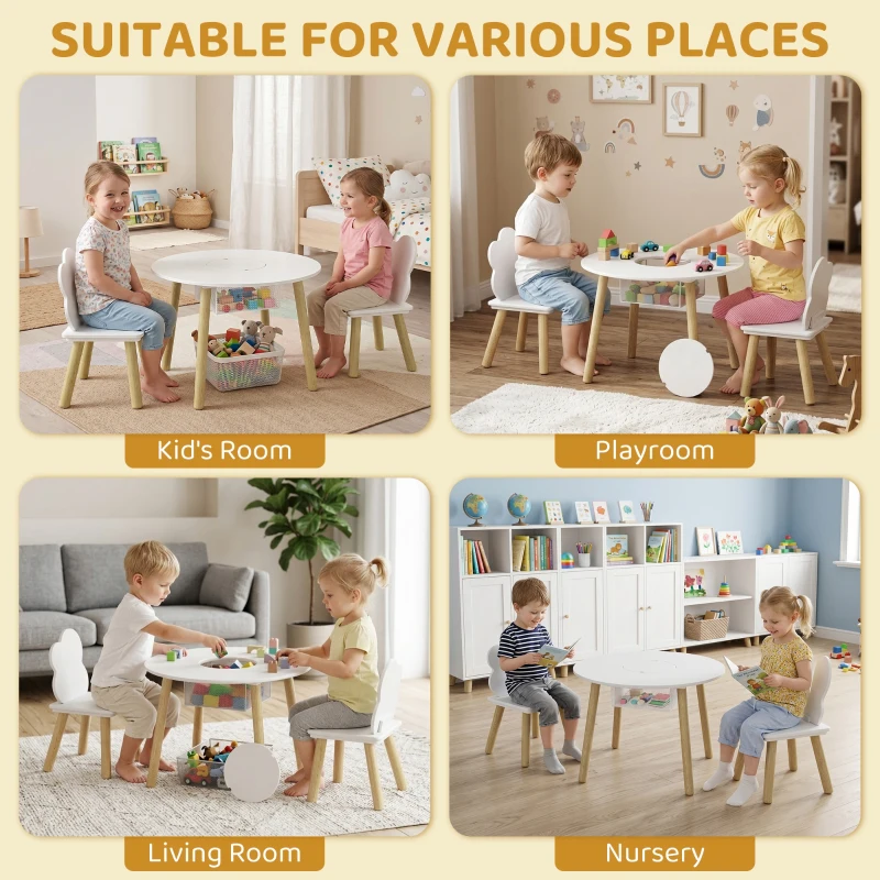 AIYAPLAY Table enfant avec chaise, ensemble table et 2 chaises en bois avec sac de rangement pour dessiner, jouer, étudier, blanc