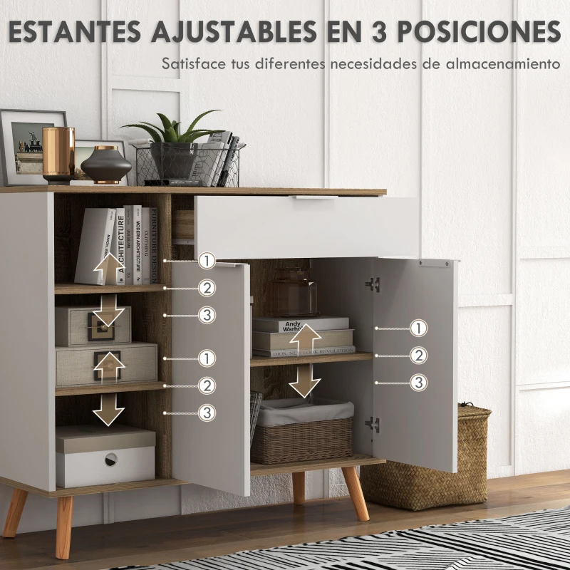 HOMCOM Aparador de Cocina con 1 Cajón 2 Puertas de Cierre Suave y Estantes Ajustables para Comedor 95x35x85 cm Blanco y Natural