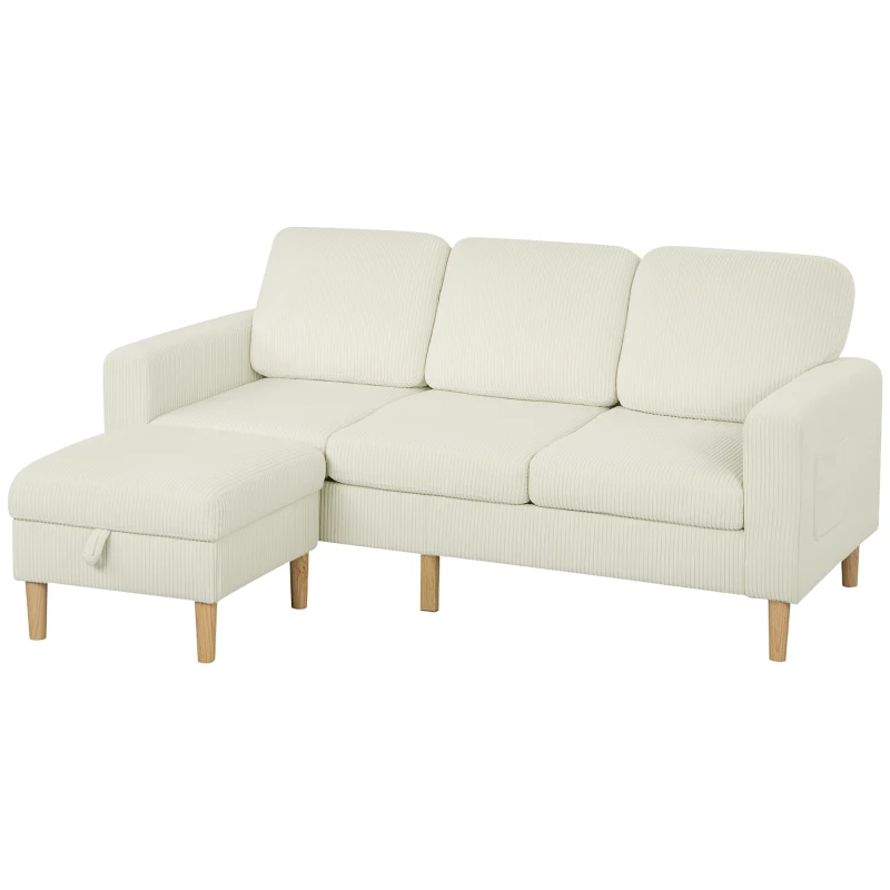 HOMCOM Sofá 3 Lugares com Pufe Sofá em Veludo Cotelê Assento e Encosto Acolchoados 192x138x85 cm Bege