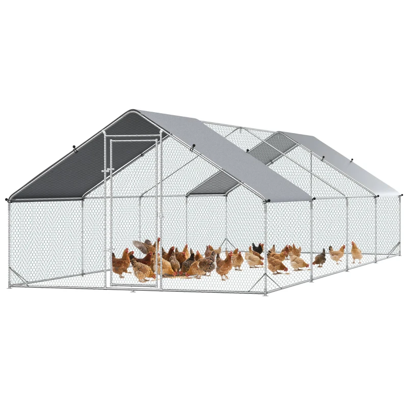 PawHut Enclos poulailler chenil volière extérieur 24 m² - Parc grillagé dim. 3L x 8l x 2H m - Espace Couvert - Acier galvanisé