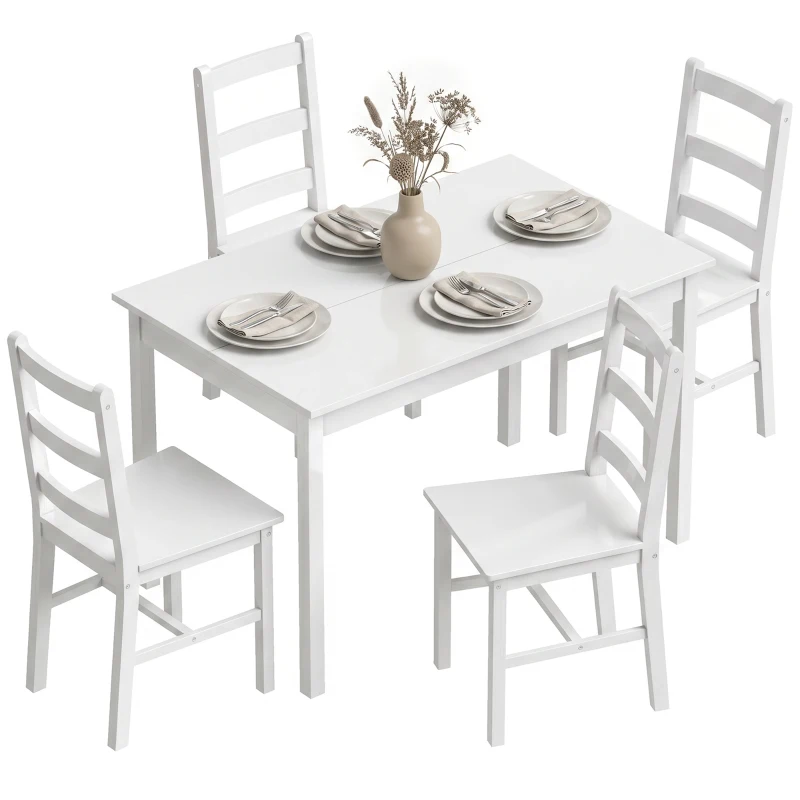 HOMCOM 5-delige Eethoek voor 4 Personen, Rechthoekige Eettafel en Stoelen van Massief Hout, Compact, Wit
