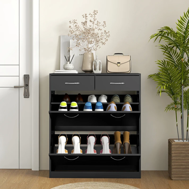 HOMCOM Mueble Zapatero Estrecho Armario de Zapatos con 2 Cajones Abatibles para 12 Pares de Zapatos 80x30x91,5 cm Negro