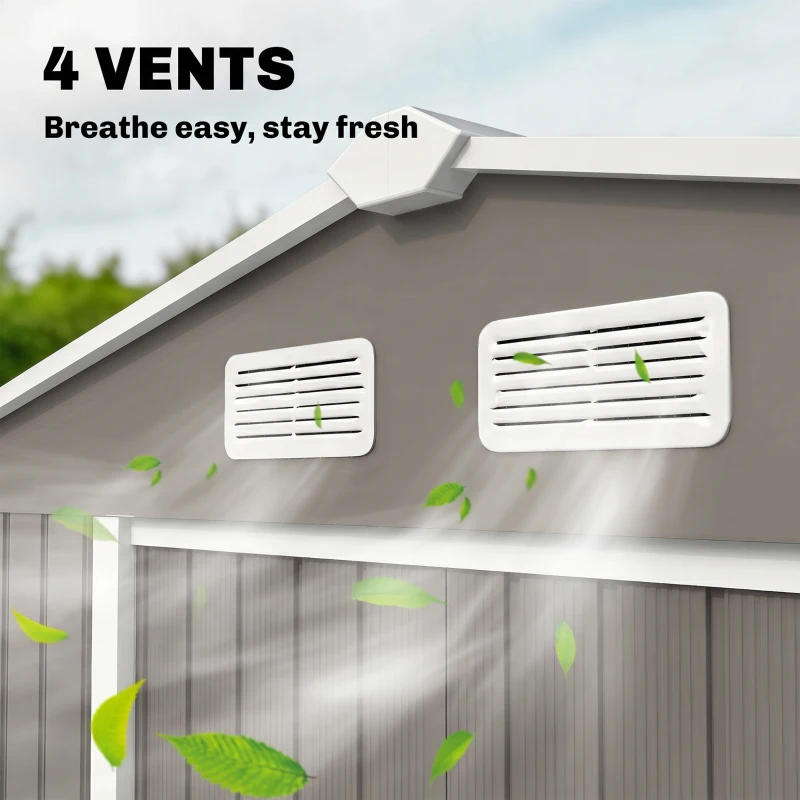 Outsunny 9 x 6FT Outdoor Garden Roofed Metal Storage Shed Tool Box with Foundation Ventilation & Doors Light, Grey(m-9)