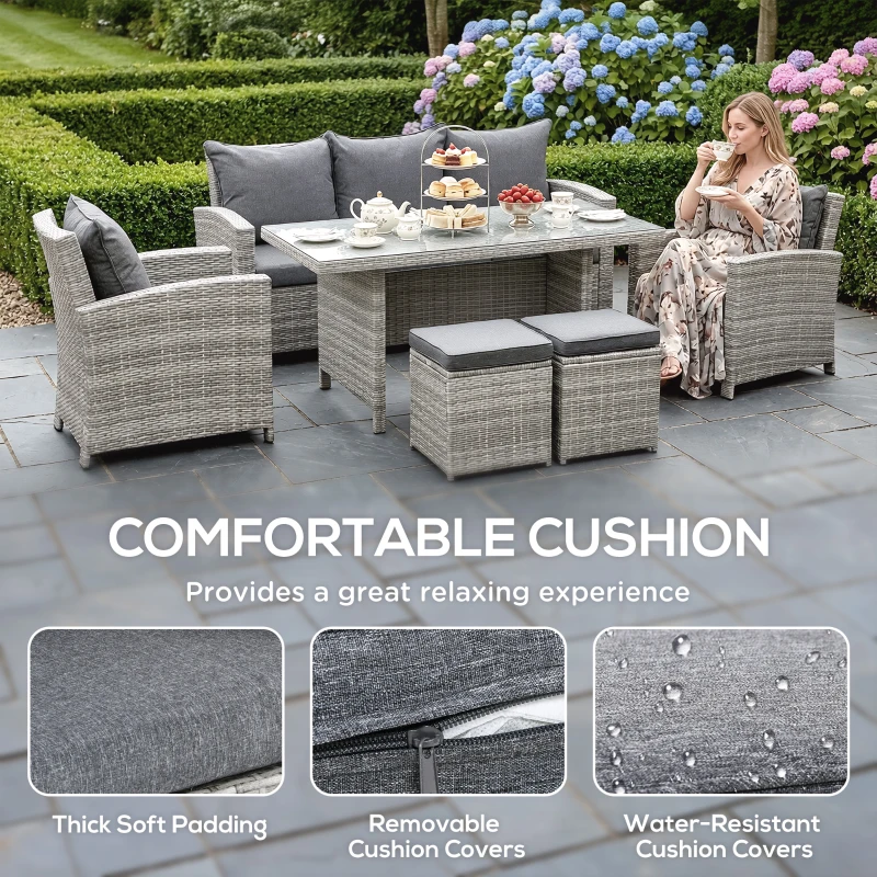 Outsunny 6-Piece Wicker Rattan Garden Set, Aluminium Patio Wicker Dining Sets with Glass Top Table & Soft Cushion, Light Grey