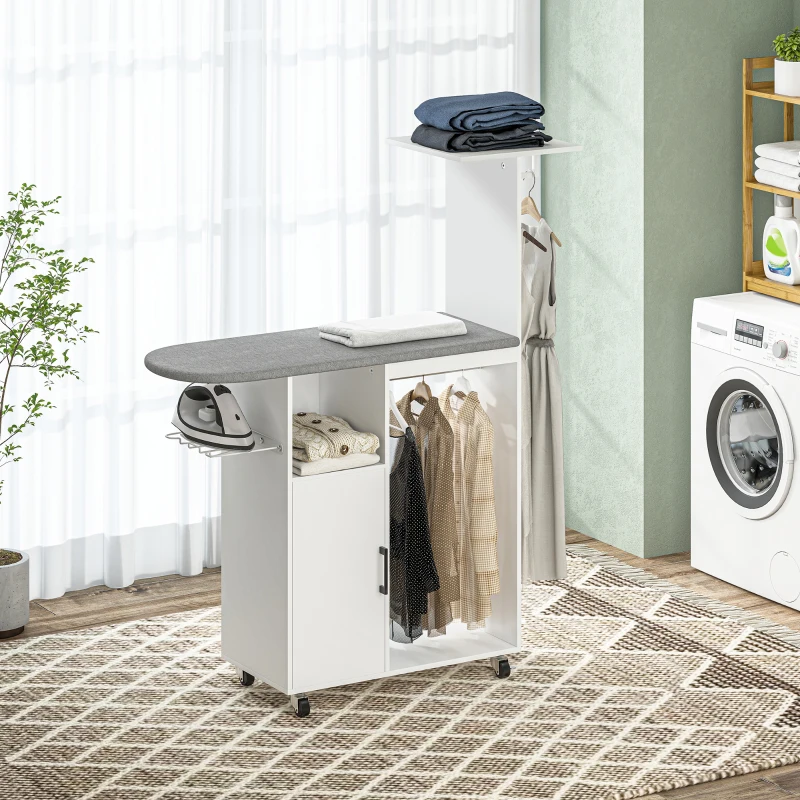 HOMCOM Estación de Planchado con Ruedas Barra para Ropa Tabla de Planchar 127,5x43,5x153 cm Blanco