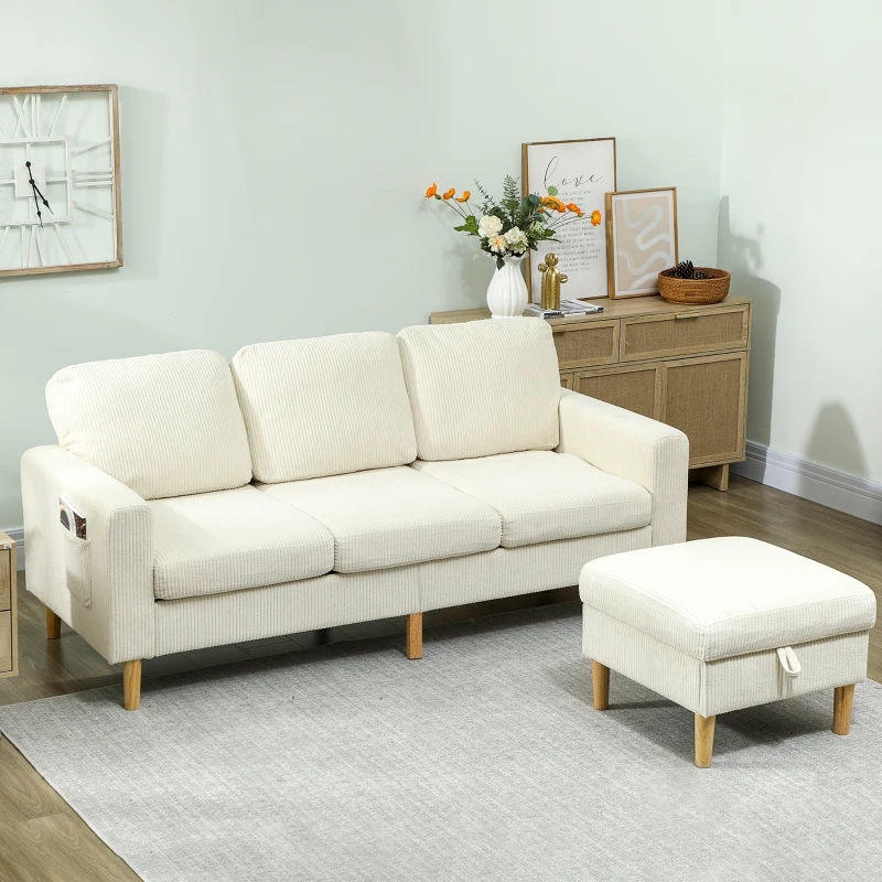 HOMCOM Sofá 3 Lugares com Pufe Sofá em Veludo Cotelê Assento e Encosto Acolchoados 192x138x85 cm Bege