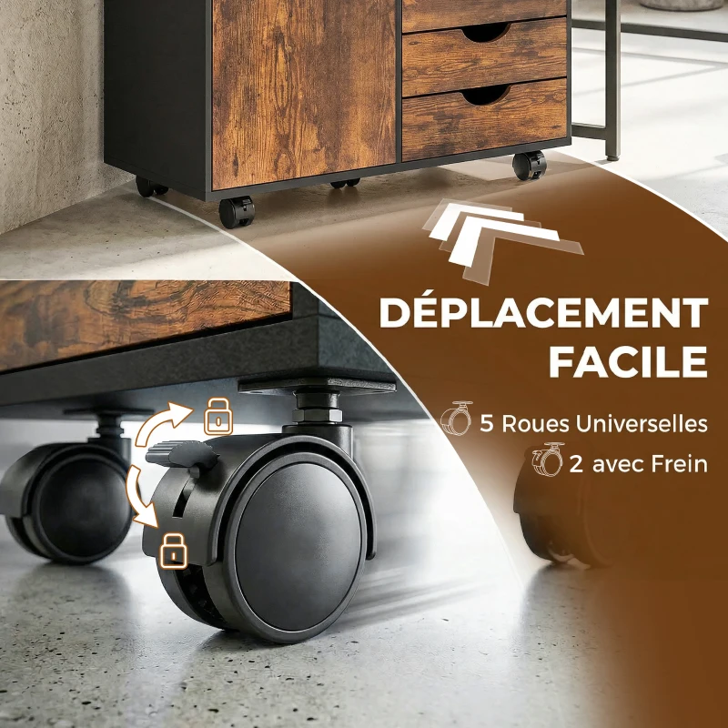 HOMCOM Meuble de rangement pour bureau 5 tiroirs 1 porte étagère réglable, support imprimante roulettes, 78x40x66,5 cm, marron