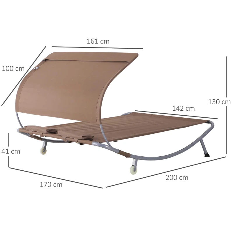 Outsunny Espreguiçadeira 2 Lugares Cama de Jardim Teto regulável 2 rodízios 2 almofadas Aço epóxi Poliéster Castanho escuro