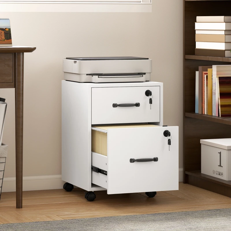 HOMCOM Gaveteiro de Escritório com 2 Gavetas Rodas com Trava Gaveteiro para Carta/Formato A4 40x40x54,1 cm Branco