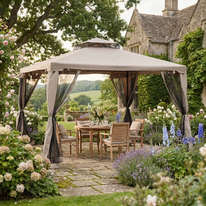 Outsunny Outdoor Gazebo, 2-tier Roof with Netting for Garden Patio, 295L x 295W x 263Hcm, Taupe