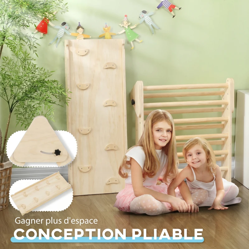 AIYAPLAY Triangle d'escalade, 3 en 1 en bois pour grimper et glisser, charge max. 50 kg, pour 18-48 mois, bois naturel