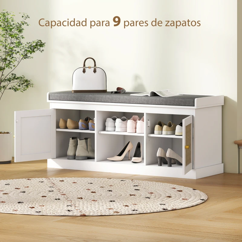 HOMCOM Banco Zapatero con Puertas Frentes de Ratán Estantes Ajustables y Abiertos para Entrada Dormitorio 105x35x47 cm Blanco