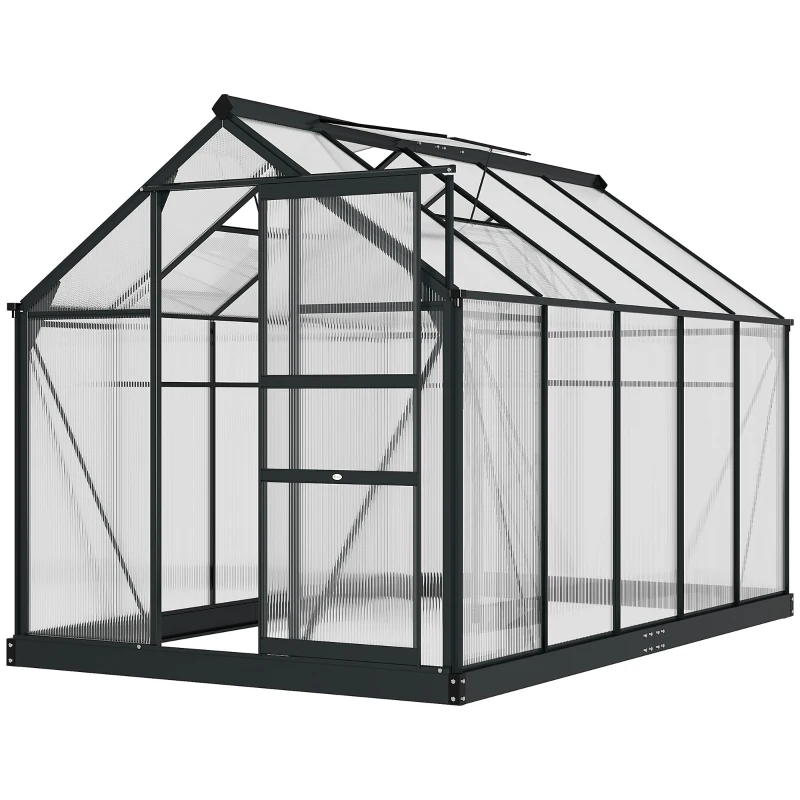 Outsunny 6 x 10ft Polycarbonate Greenhouse, Large Walk-In Green House with Slide Door and Window, Garden Plants Grow House with Aluminium Frame and Foundation, Grey(m-10)
