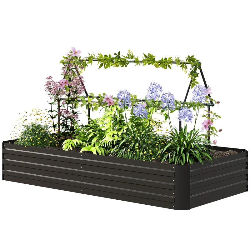 Outsunny Canteiro jardineira retangular em aço galvanizado tutores para tomates e plantas trepadeiras 180 x 90 x 29,5 cm