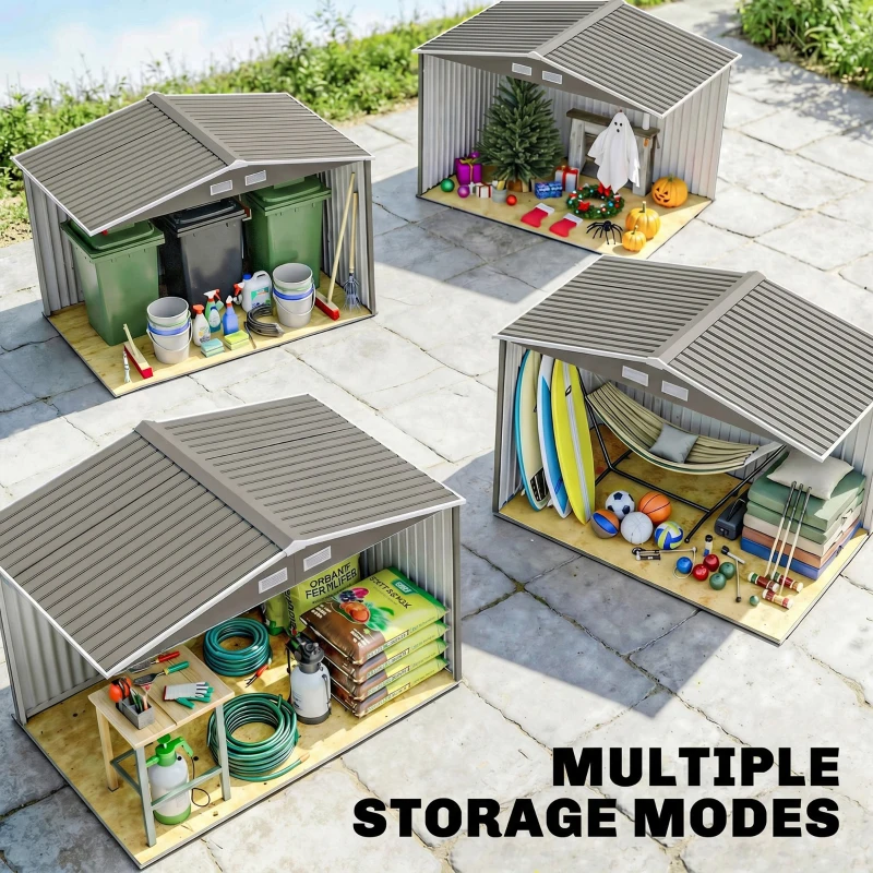 Outsunny 9 x 6FT Outdoor Garden Roofed Metal Storage Shed Tool Box with Foundation Ventilation & Doors Light, Grey(m-7)