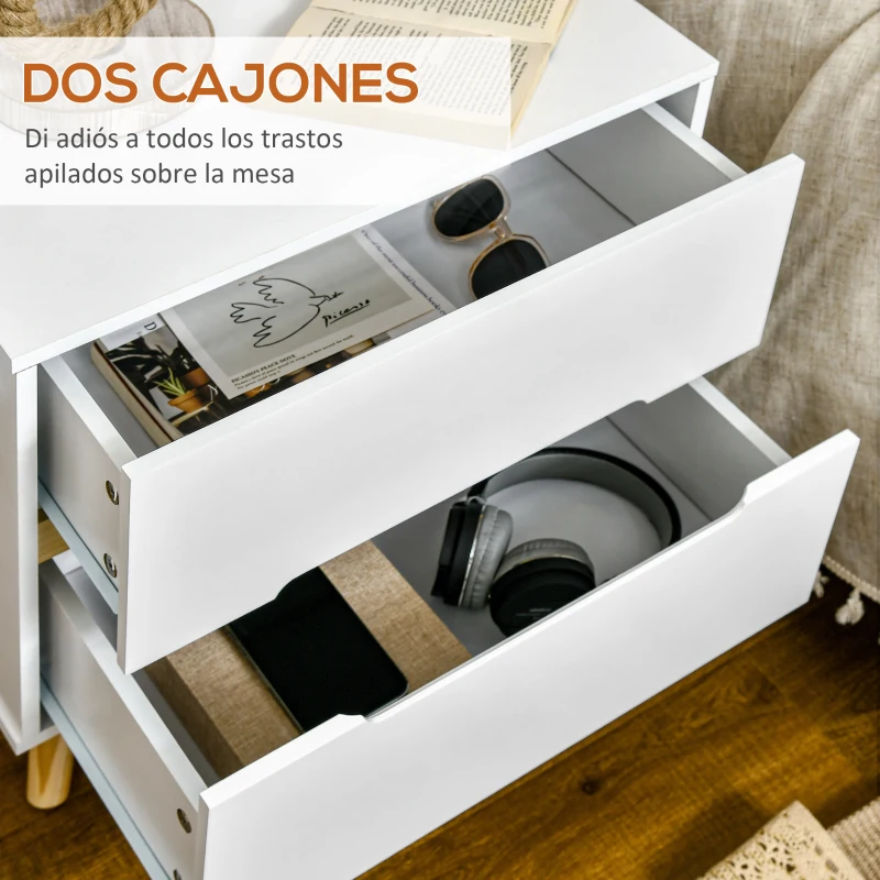 HOMCOM Mesita de Noche con 2 Cajones y Patas de Madera Mesilla de Noche Estilo Moderno 50x40x50,5 cm Blanco