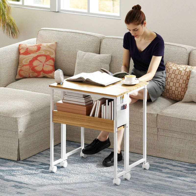 HOMCOM Bureau pliable sur roulettes 63 x 50 cm avec étagère et sac de rangement, bois naturel