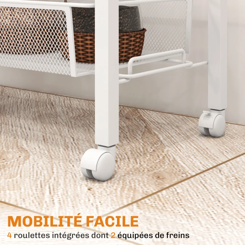 HOMCOM Desserte de cuisine à roulettes, chariot de rangement 3 panier, 1 panier suspendu et crochets, 58 x 18,5 x 87 cm, blanc