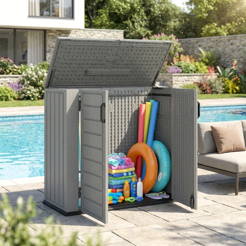 Outsunny Cobertizo de Jardín de HDPE 940L con Tapa Abatible 2 Puertas Cerradura Cobertizo de Jardín 142x67x119 cm Gris Claro