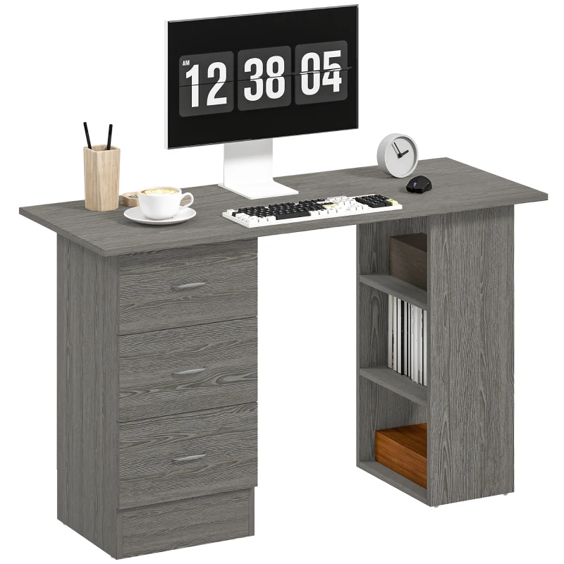 HOMCOM Bureau d'ordinateur réversible, table informatique avec 3 tiroirs et 3 étagères ouvertes, 120 x 49 x 72 cm, gris