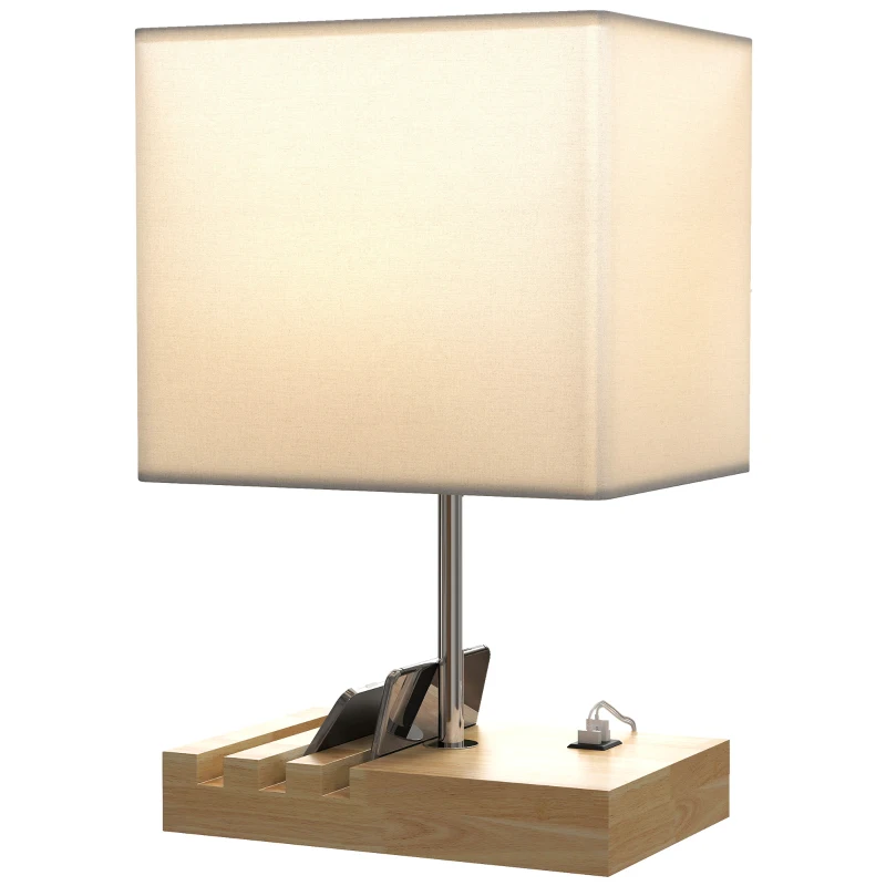 HOMCOM Bedside Lamp with USB A+C Charging Ports and 3 Phone Stands, Modern Table Lamp with Solid Wood Base and Fabric Shade for Bedroom Living Room Office, E27 Socket, Bulb Not Included, White