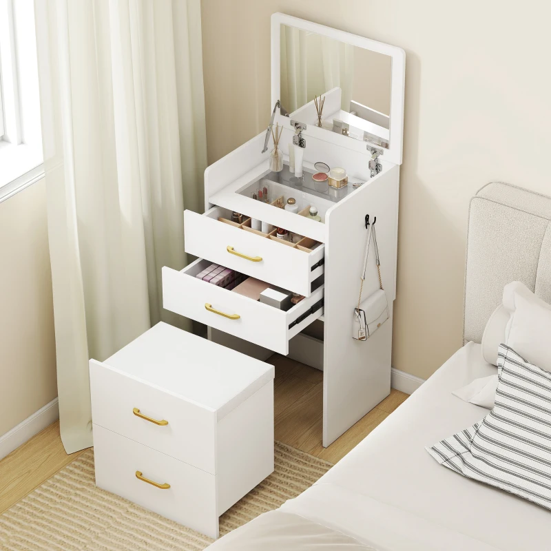 HOMCOM 3-in-1 Make-uptafel met Spiegel, Nachtkastje, Rollende Kruk, Lades, Wit(m-2)