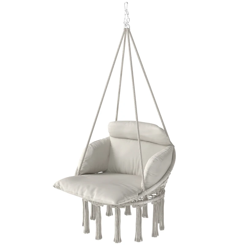 Outsunny Cadeira suspensa com grande almofada acolchoada rede poltrona suspensa com franjas kit de suspensão 80 x 60 x 40 cm creme
