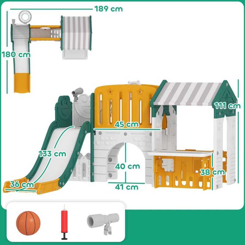AIYAPLAY Tobogán Infantil 7 en 1 con Caseta Escalera Aro de Baloncesto Túnel Pizarra Telescopio para Interior Amarillo y Verde